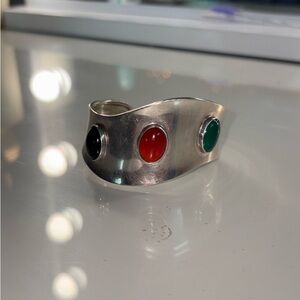 MEXICO 925 Silver Vintage Cabochon Onyx & Carnelian Cuff Bracelet